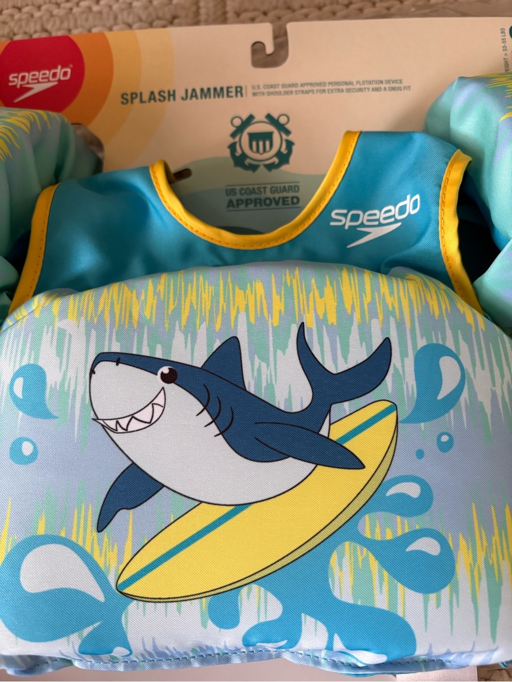 Speedo Kids Aqua & Yellow Shark Splash Jammer Swim Vest 33-55lbs NWT